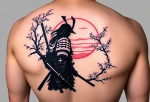 noble samurai warrior silhouette at sunset with cherry blossoms tattoo idea