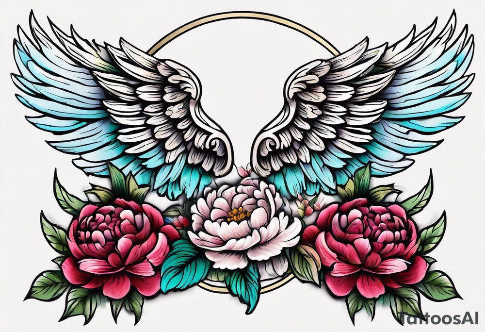 beautiful angel wings with colorful, peonies. beautiful flilligree in the background , full color, traditional old school , white background tattoo idea