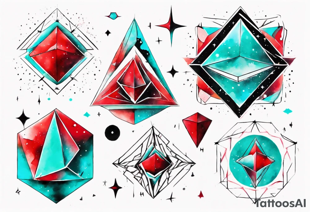 Geometric ether space single image, abstract art, red and cyan, colect some stars to shine, pigment acquarel color, damage done tattoo idea