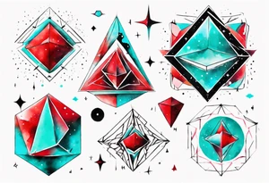 Geometric ether space single image, abstract art, red and cyan, colect some stars to shine, pigment acquarel color, damage done tattoo idea