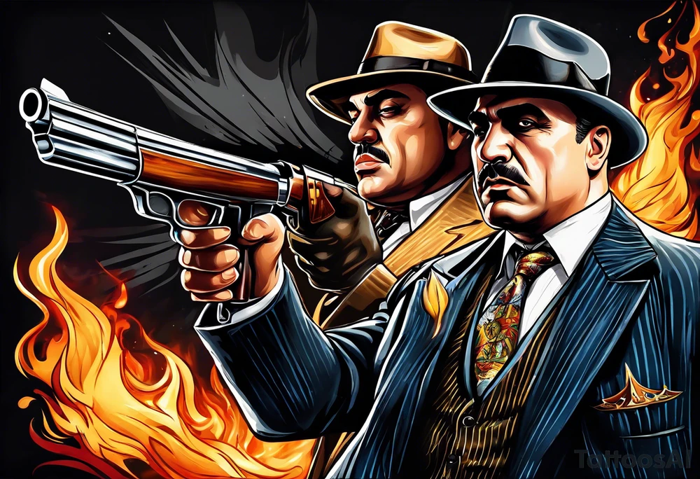 capone style gangsters having a shootout against a dark background scene with flames blues with sexy women tattoo idea