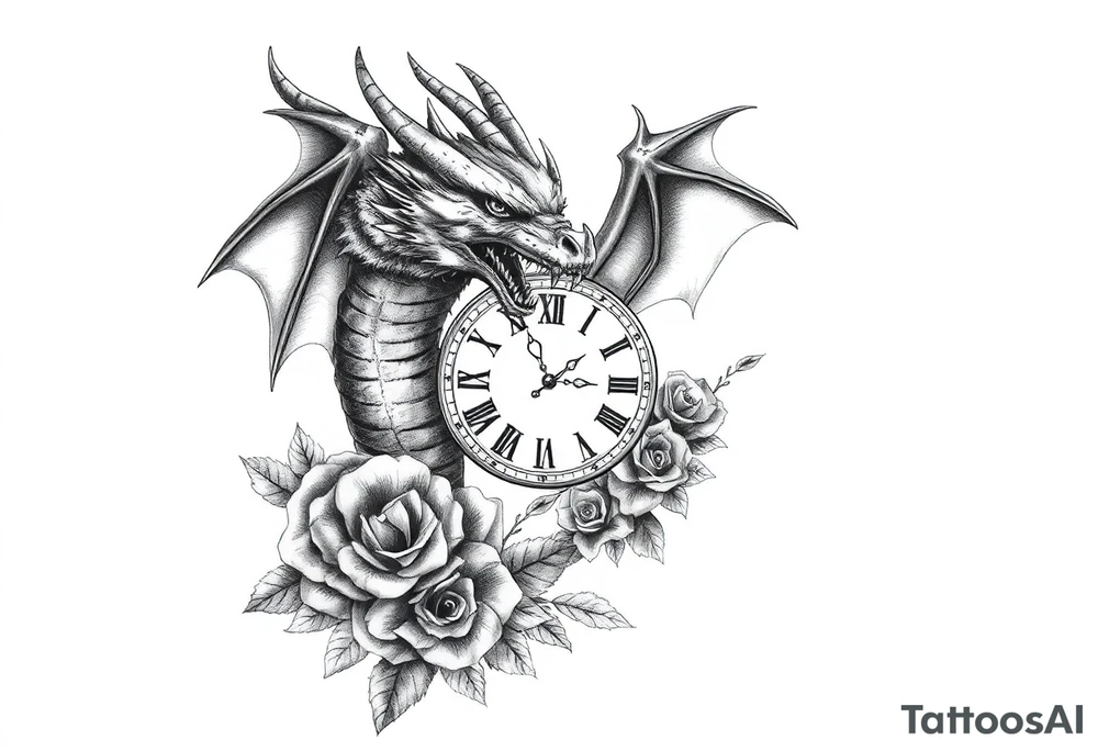 Horror dragon tattoo with clock, dollars and roses on background tattoo idea