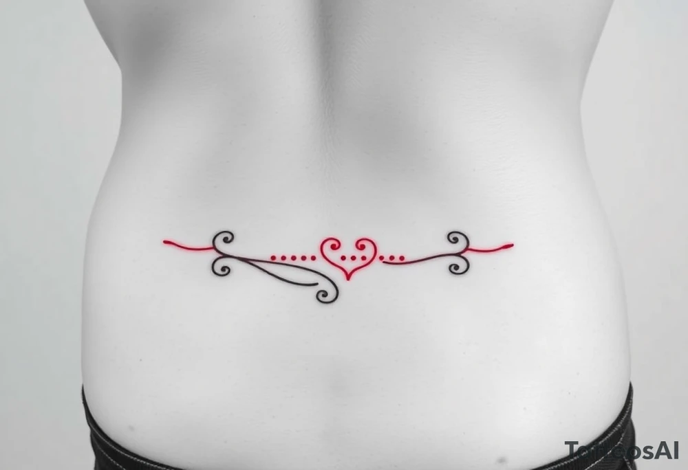 “-... .-. .- . .- .-.. ....... -.. .- .-- --- --- -.. .......” with dainty girly swirl design in red ink on female hip bone/lower stomach tattoo idea