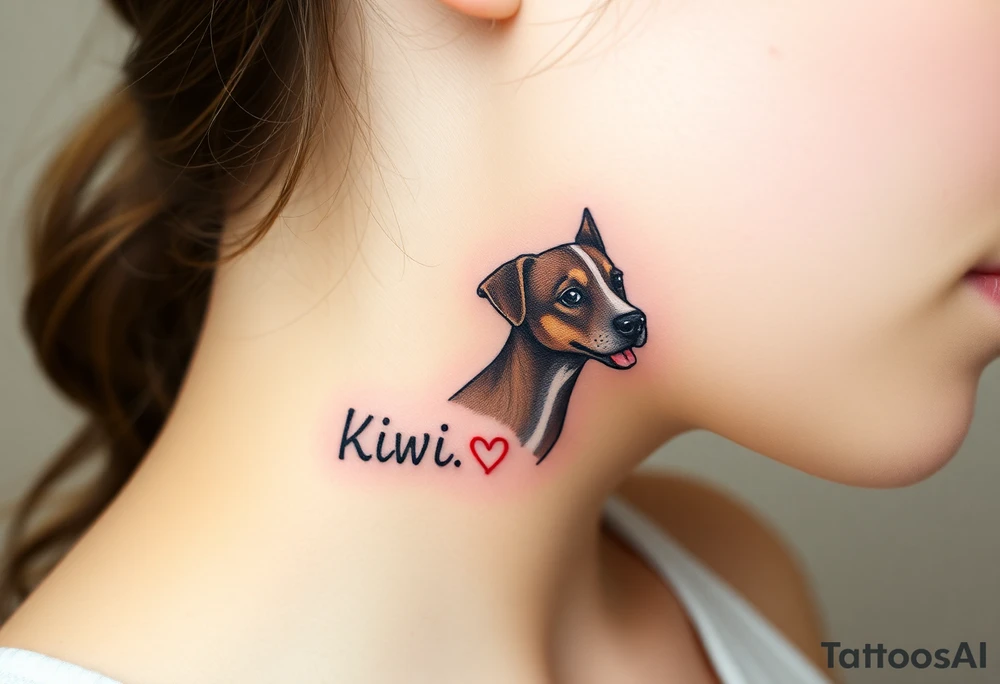 One line tattoo of female dog with white strip going up dog’s snout slightly off centered. Brown brindled and the dogs tongue slightly out with  the name kiwi and Just the colors black  white brown with a small heart near by tattoo idea
