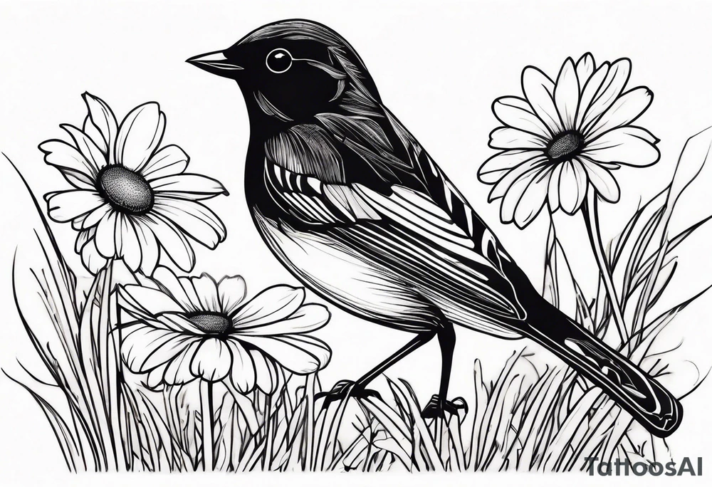 Little bird perched in grass with daisy tattoo idea