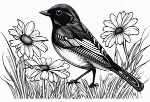 Little bird perched in grass with daisy tattoo idea