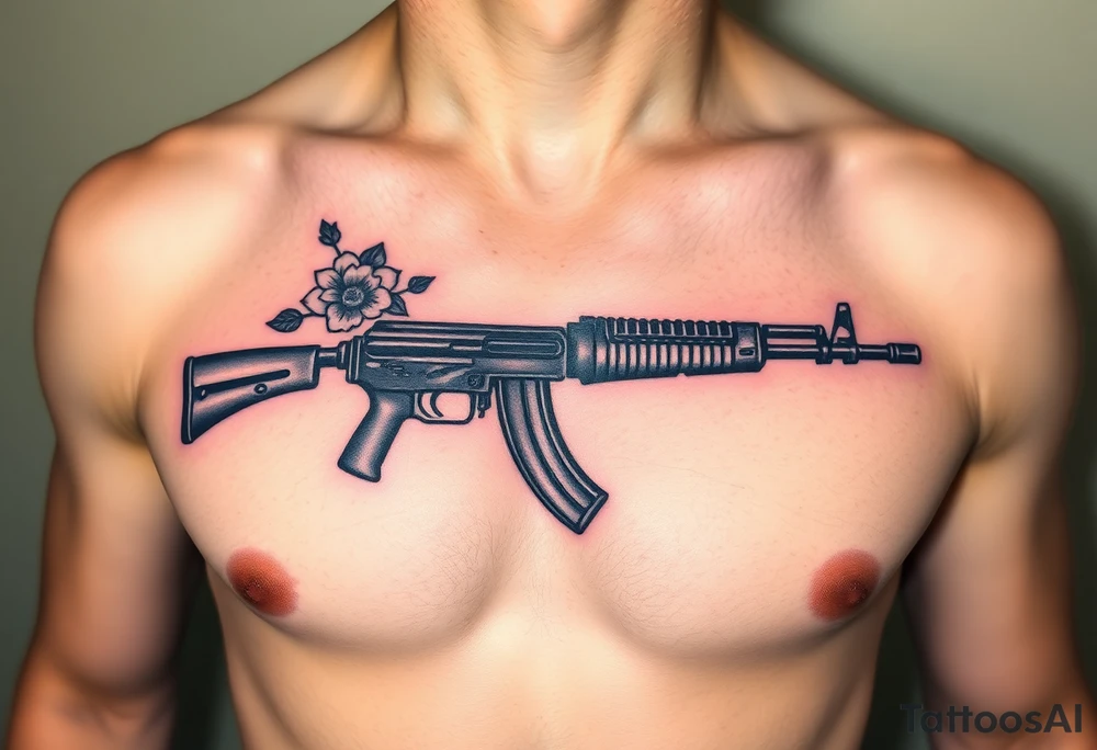 ak 47 black silhouette with floreal details tattoo idea