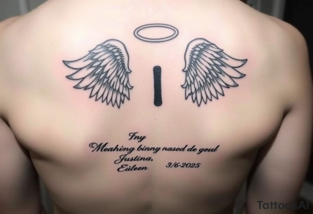 A semicolon intertwined with angel wings and a halo. At the bottom add this quote "If tears could build a stairway, and memories a lane, I'd walk right up to heaven and bring you home again." And also add my mother's name somewhere (Justina Eileen) and these dates 7/10/1984 - 3/6/2025 tattoo idea