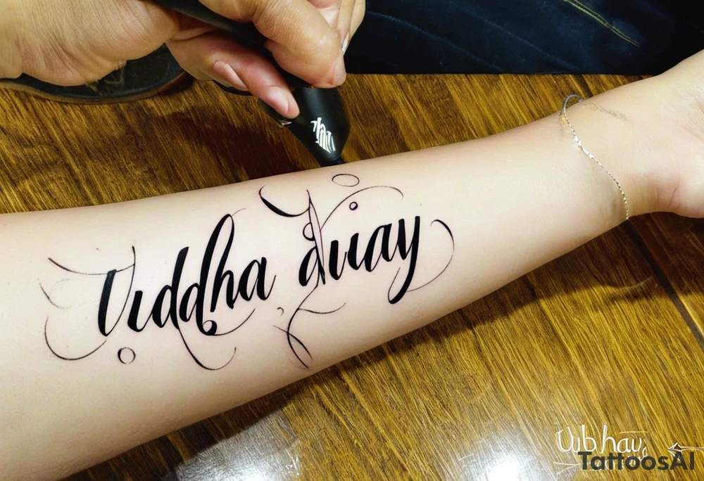 create simple and plain text tattoo which says Udbhav - a new beginning along with date 29.10.2015 tattoo idea