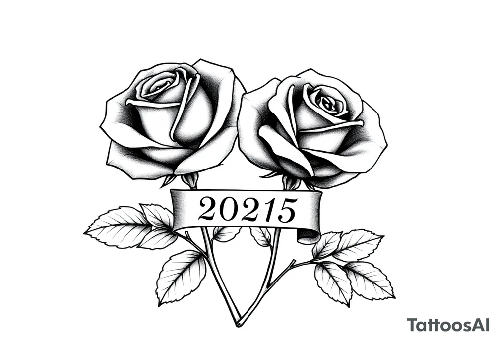 two beautiful large rose buds, one larger than the other, with many leaves next to the rose buds, with one sitting higher than the other. Include a banner connecting the two roses with the year "2025" on it.   Use dark outlines with little shading. The two stems should be short, not long, and connect and join into one stem, whimsically curved or twisted - not straight down. tattoo idea
