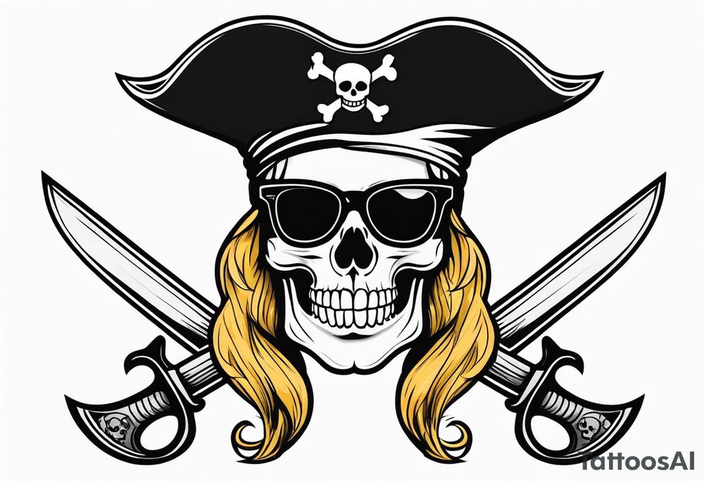 create a pirate flag with a feminine skull with two blonde pigtails and crossbones  wearing glasses tattoo idea
