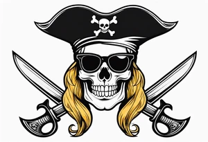 create a pirate flag with a feminine skull with two blonde pigtails and crossbones  wearing glasses tattoo idea