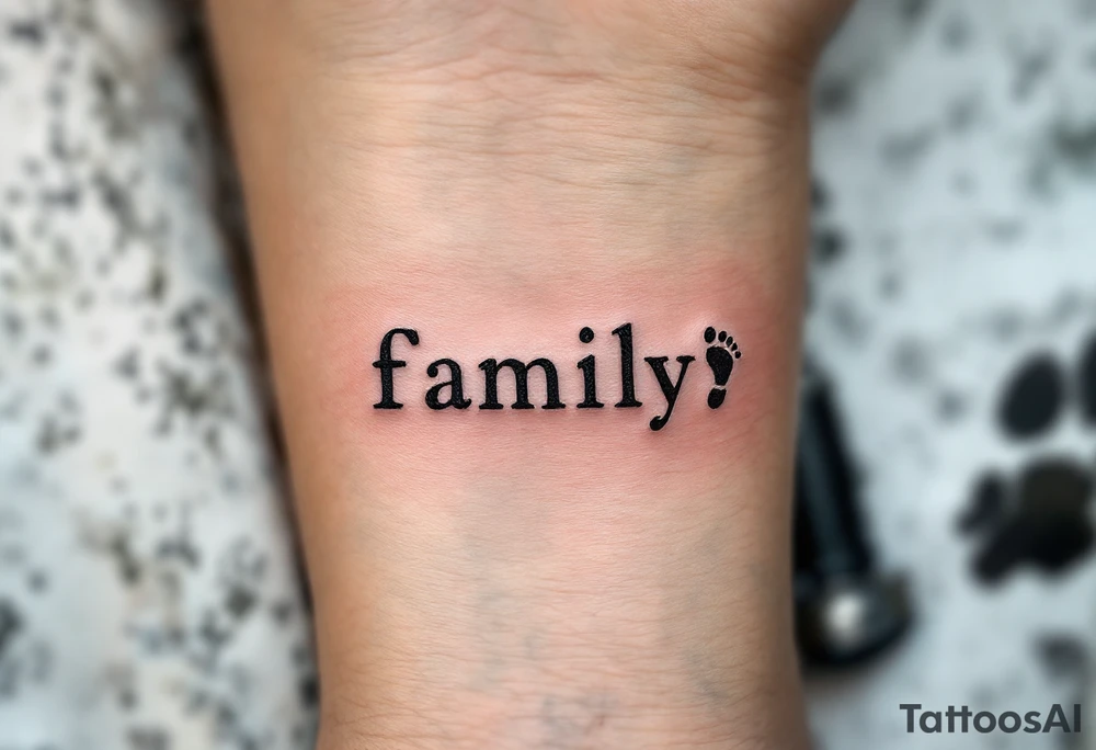 The word family beneath a row of tiny matching footprints in soft earth tones. tattoo idea