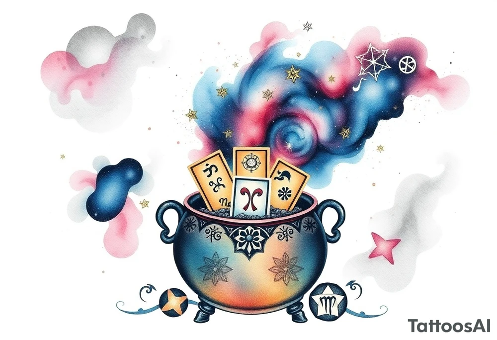 Milky way galaxy filled with zodiac symbols runes tarot cards coming out of a cauldron tattoo idea