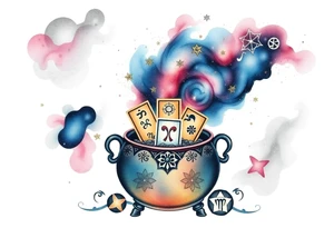 Milky way galaxy filled with zodiac symbols runes tarot cards coming out of a cauldron tattoo idea