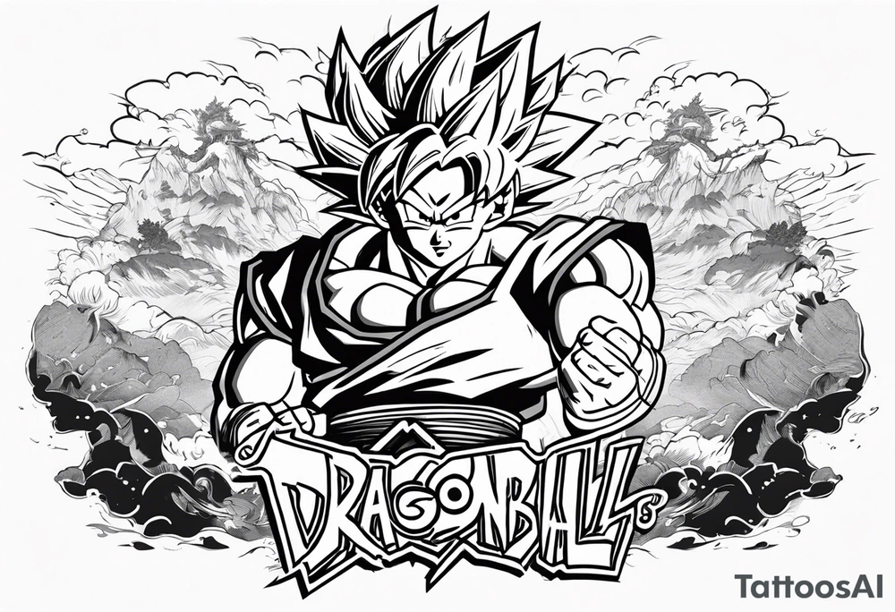 Son-Goku as a super saiyajin . A huge dragonball surrounds the whole scenery. Gokus friends are surrounding him as shadows tattoo idea