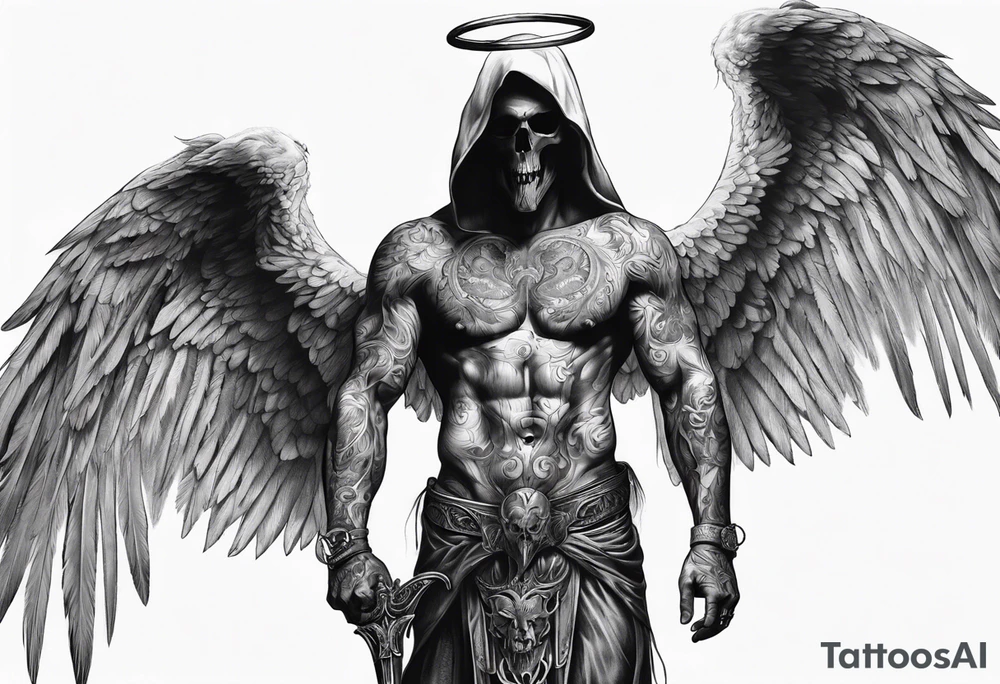 realistic full body of angel of death, without face, man tattoo idea