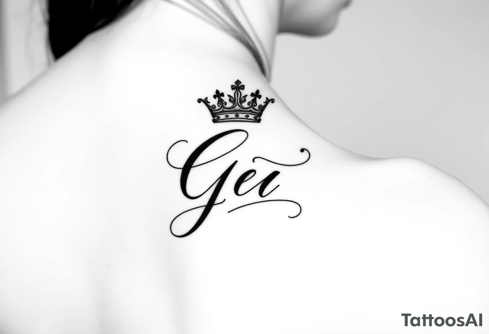 Capital G letter handwritten script with a crown tilted to the left on the front right shoulder tattoo idea