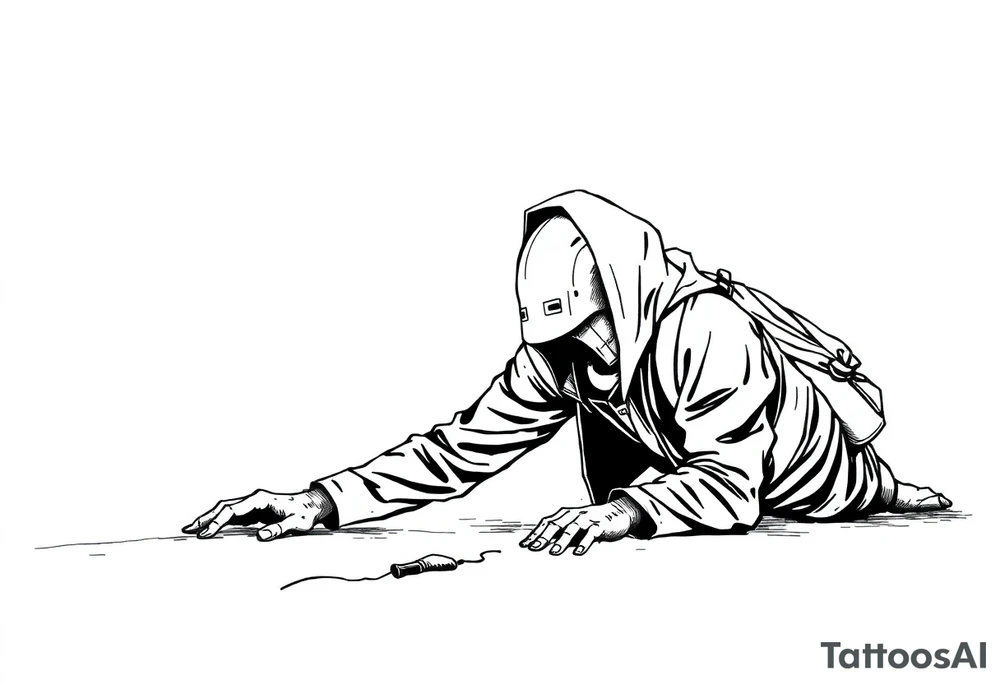 Confusion and pressure in thin lines solo traveler with no face with his body parts left on the path he’s crawling tattoo idea