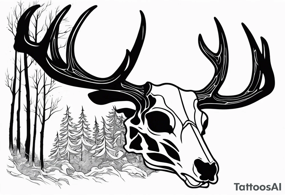 side profile of a DECAYING deer skull JUST BONE lore accurate shapeshifter surrounded by a flames and trees tattoo idea