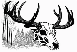 side profile of a DECAYING deer skull JUST BONE lore accurate shapeshifter surrounded by a flames and trees tattoo idea