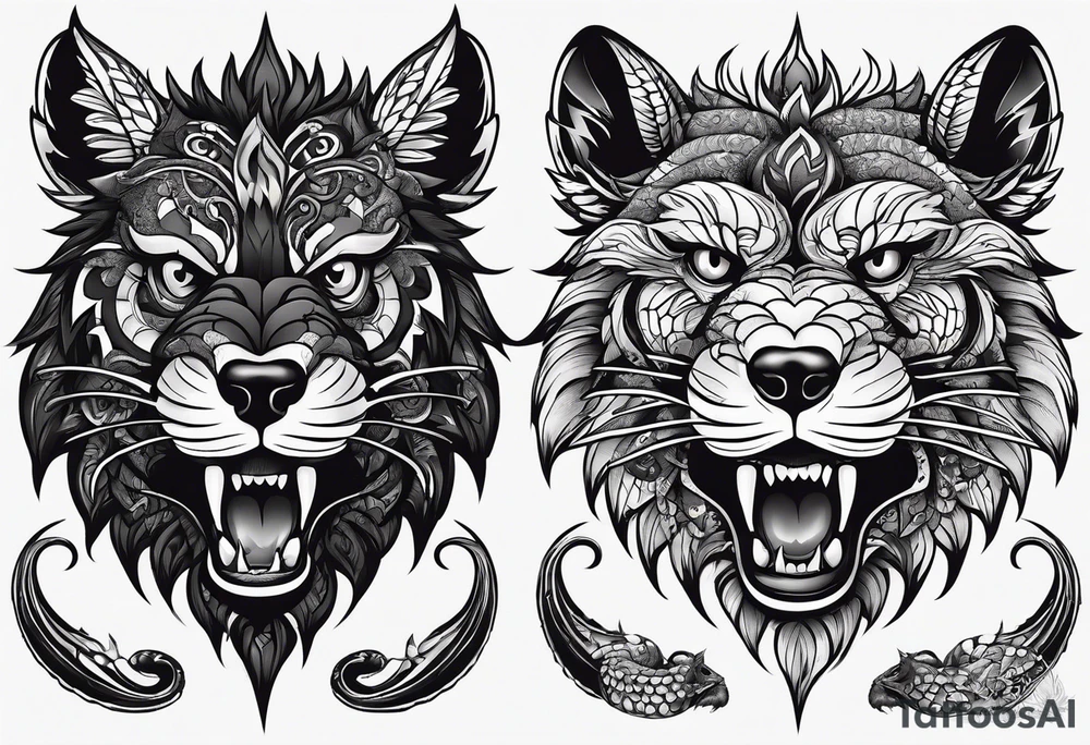 Eagle, Tasmanian devil, black swirl filler, snake, leg sleeve tattoo idea
