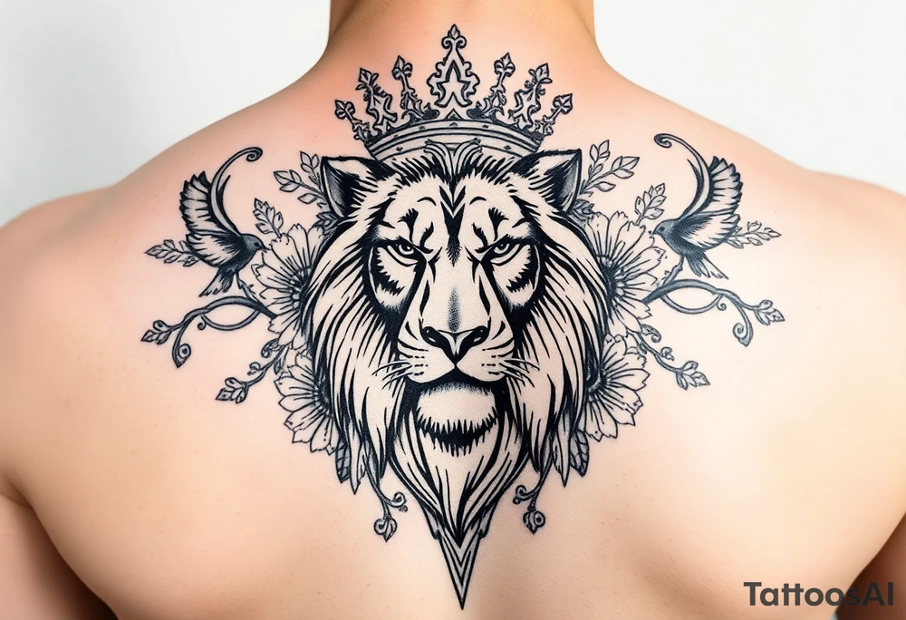 powerful majestic lion with a crown, surrounded by floral ornaments and birds tattoo idea