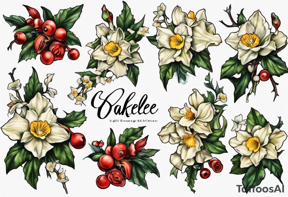 Name OAKLEE with Narcissus and holly flowers tattoo idea