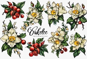 Name OAKLEE with Narcissus and holly flowers tattoo idea
