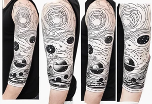 space themed arm sleeve. I want a feeling of being above it all. I like man on the move imagery inspired by kid cudi. In a neo trad arm sleeve tattoo idea