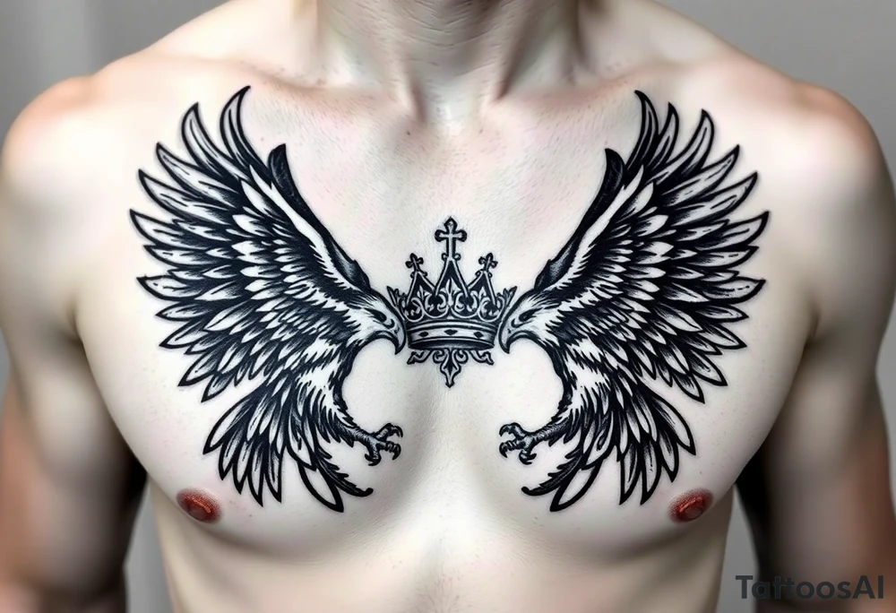 Chest tattoo,powerful two polish symetricals majestic darks eagles, surrounded by lure ornaments , between eagles a crown tattoo idea