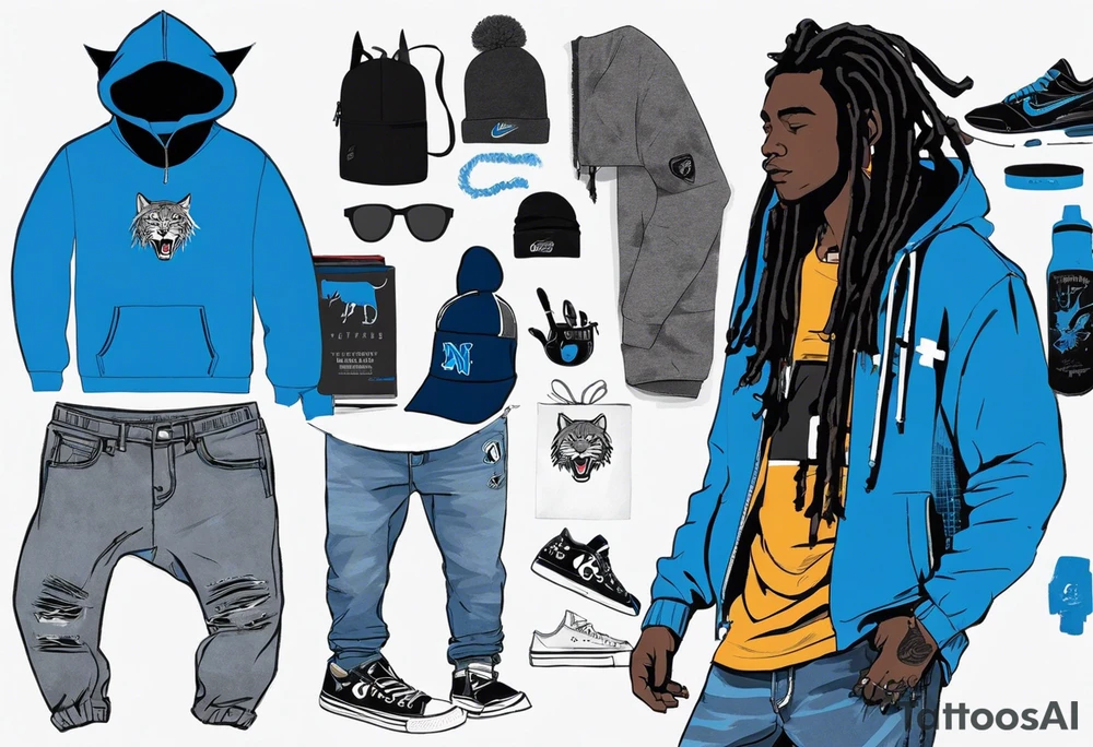 black well built teen with with a grey hoodie on and blue jeans with long dreads morphing 
into a blue wildcat in various spots on his body. I want his hoodie appear as if its been ripped in random places from the inside with I Carolina blue football jersey showing underneath that reads Camden tattoo idea