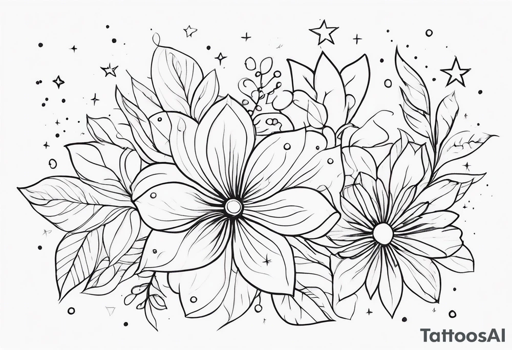 fine line floral with stars, swirls, dots tattoo idea