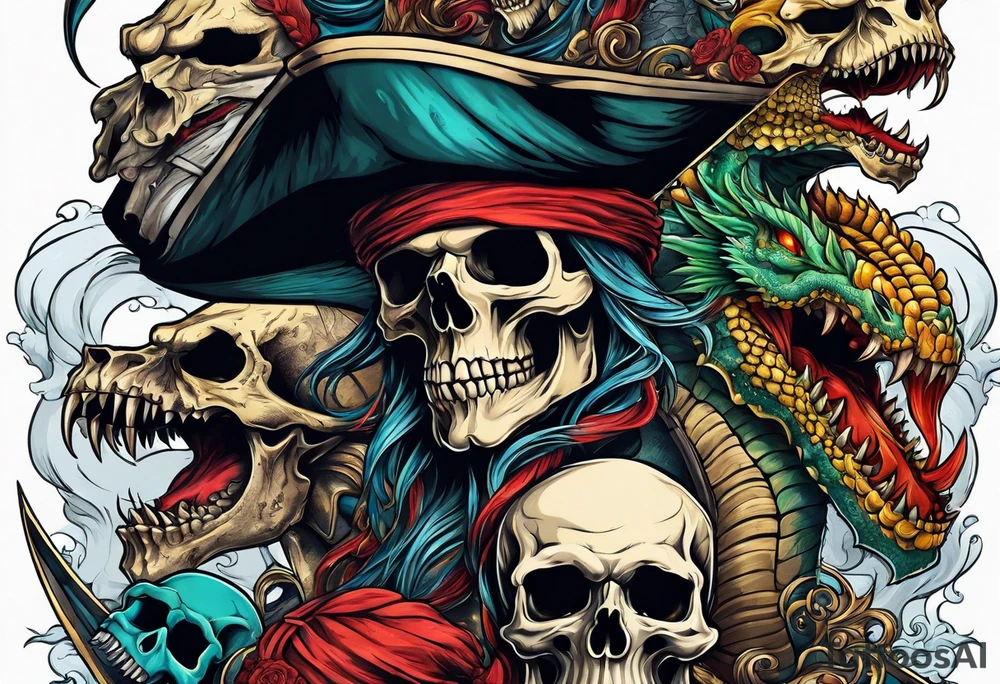multiple skull pirates together with a sea serpent dragon tattoo idea