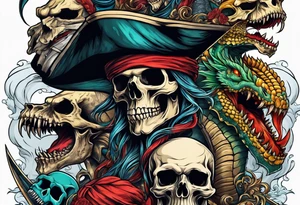 multiple skull pirates together with a sea serpent dragon tattoo idea