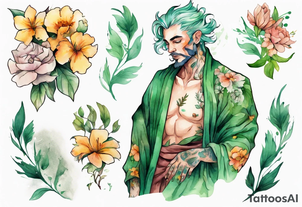 a man-flower hybrid wearing a flowing floral robe with green leafy hair tattoo idea