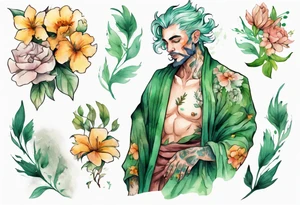 a man-flower hybrid wearing a flowing floral robe with green leafy hair tattoo idea