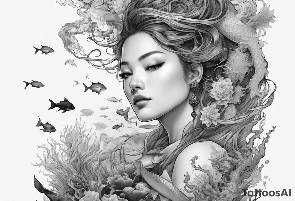 Full-body portrait of an ethereal woman of the sea surrounded by deep sea creatures. tattoo idea