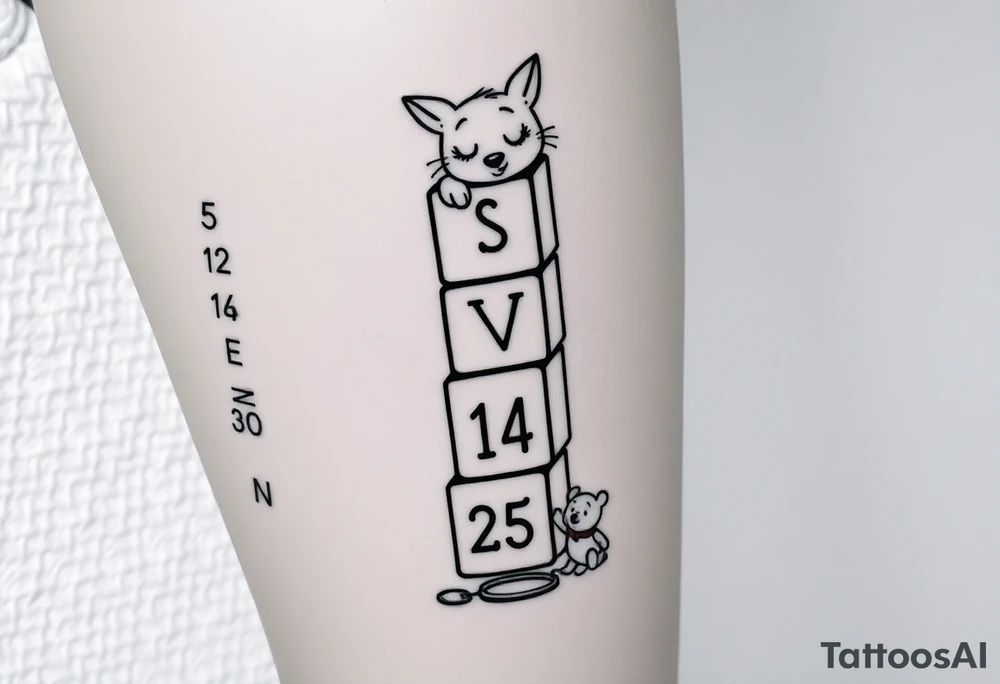 a thigh tattoo with alphabet blocks going down vertically stacked crooked but on the alphabet blocks,the name S E V Y N is alternated on the sides of all five blocks and 07 14 25 is alternated on the other sides of the blocks as well and on the top of the blocks Marie from the Aristocats peeking up looking showing her eyes, her bow on her head and her front pause and then on the bottom block then Winnie the Pooh standing on the ground, reaching up on the block for the honey that’s spilling off the side and on the left side not on the blocks to say 6 ounces 12 pounds 20 inches all lined up in a column going vertically starting with the 6 ounces 12 pounds and 20 inches in that order and then on the right side, not touching the blocks to say 3:51 AM. tattoo idea