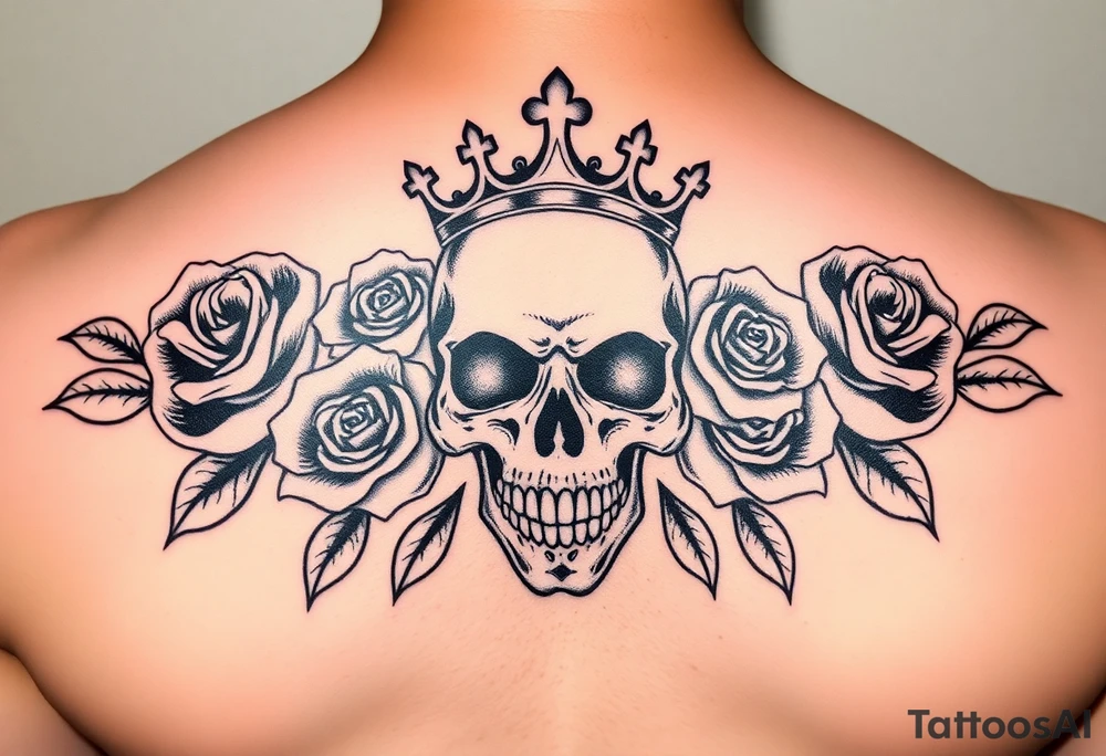 Bold vibrant gothic skull with a couple roses and crown with glow tattoo idea