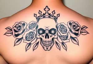 Bold vibrant gothic skull with a couple roses and crown with glow tattoo idea