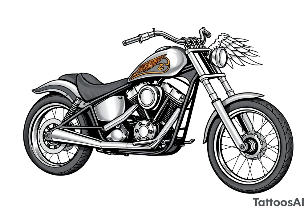 Low rider grey motorcycle, big muffler pipes with flames, angel wings, driving away, no person tattoo idea