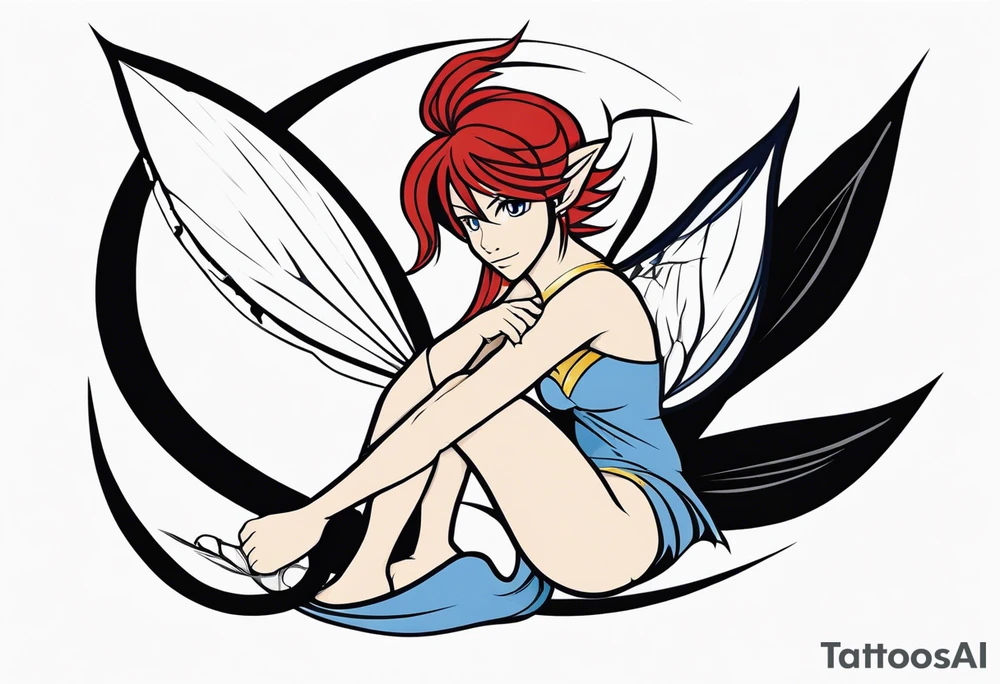 A fairy with a tail inspired by the logo of the show called Fairy Tail in a fetal position leaning in tattoo idea