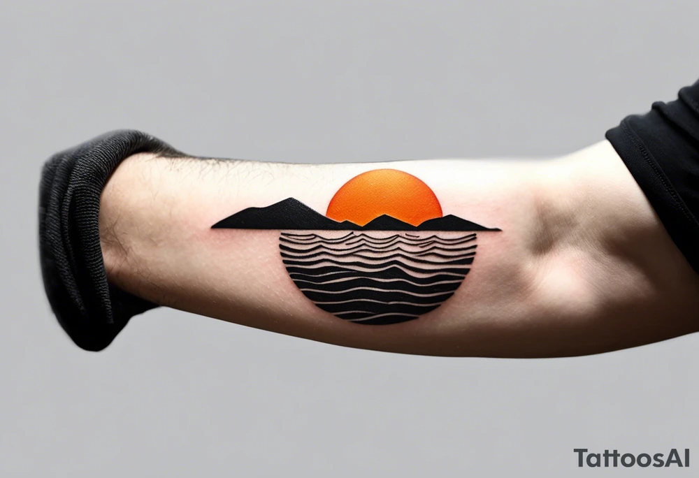 This is an extremely simple and minimalistic tattoo placed on male forearm. It is black and white with tiny splashes of orange from the sun. The tattoo is 4 inches wide by 2 inches tall. From the perspective of being on the ocean, the water is calm, with no waves in sight, the sun is setting behind the ocean, reflecting light onto the water. Most importantly, the tattoo is not in the shape of a circle. The water has shading. tattoo idea