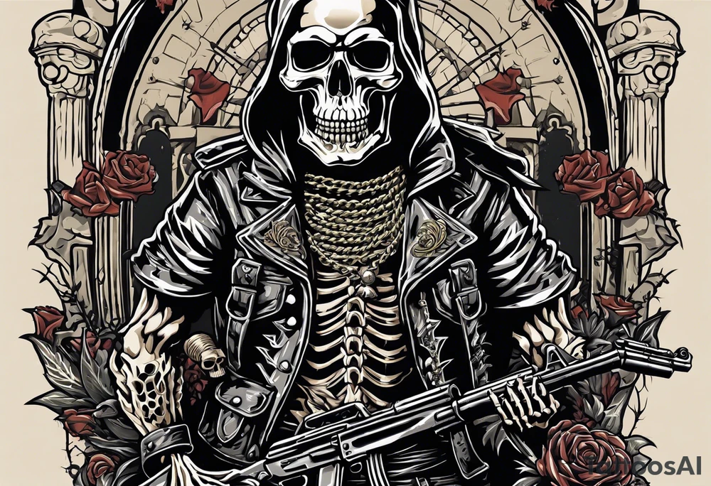 image of a skeleton standing frontally with a crown on his head, holding an AK-47 on his shoulder with his right hand. The chain on the left should be taut, there are three angry barking Dobermans in it, near the waist tattoo idea