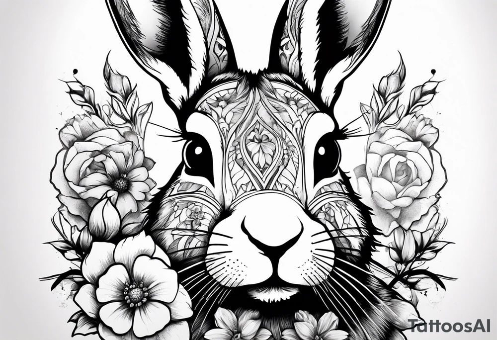 Realistic rabbit head and flowers tattoo idea