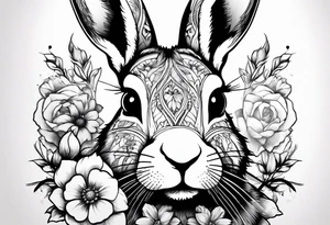 Realistic rabbit head and flowers tattoo idea