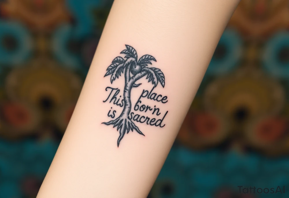 Hand written writing that says This place is sacred written on the trunk of a small breadfruit tree tattoo idea
