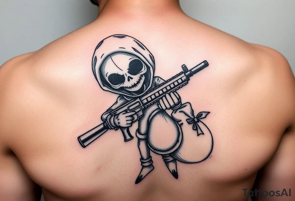 Scary Evil voodoo doll with a glock with a extended magazine and money bag full of cash tattoo idea