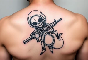 Scary Evil voodoo doll with a glock with a extended magazine and money bag full of cash tattoo idea